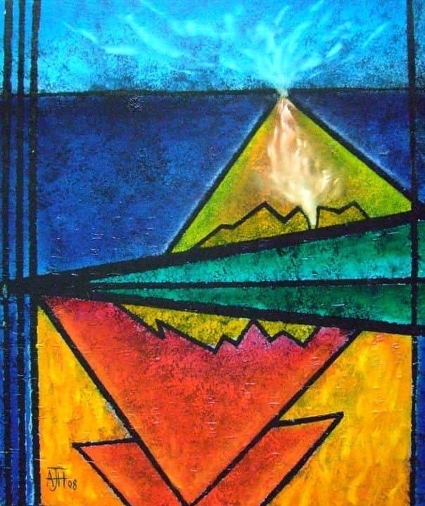 Abstract painting of a mountain under a bright sun