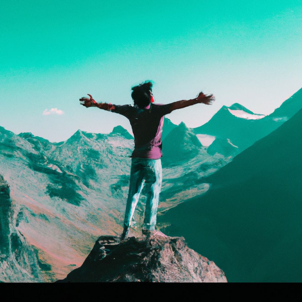 Person standing on a mountain top with arms raised