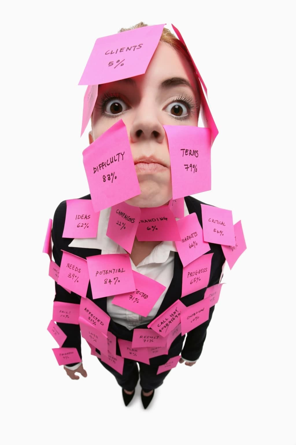 Woman covered in sticky notes