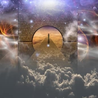 Doorway opening onto clouds and space